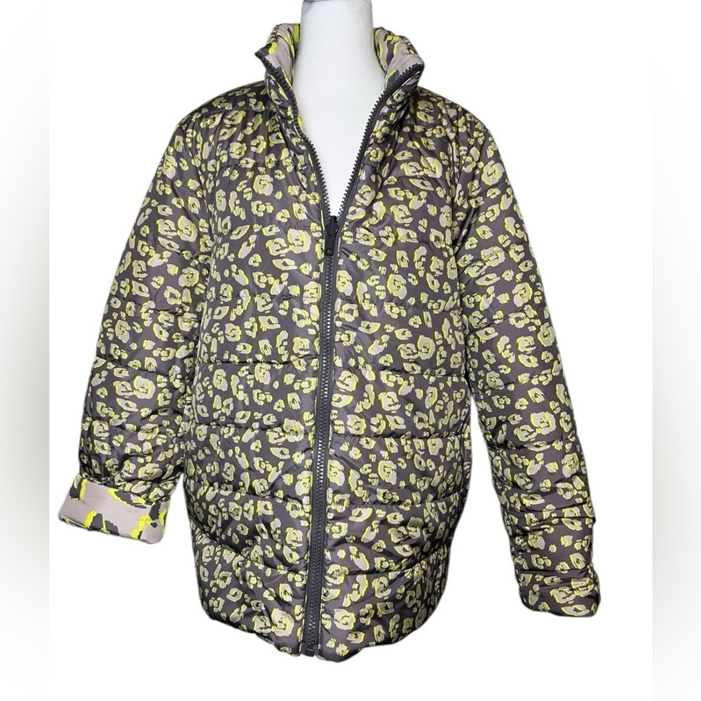 LOGO XL Lori Goldstein Reversible Puffer Jacket Women's Grey Neon Yellow Leopard